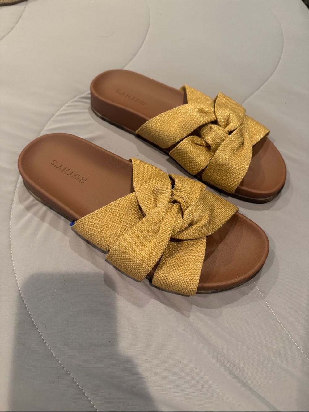 NWOB Rothy's Metallic Golden Sun Twist Slide Sandals